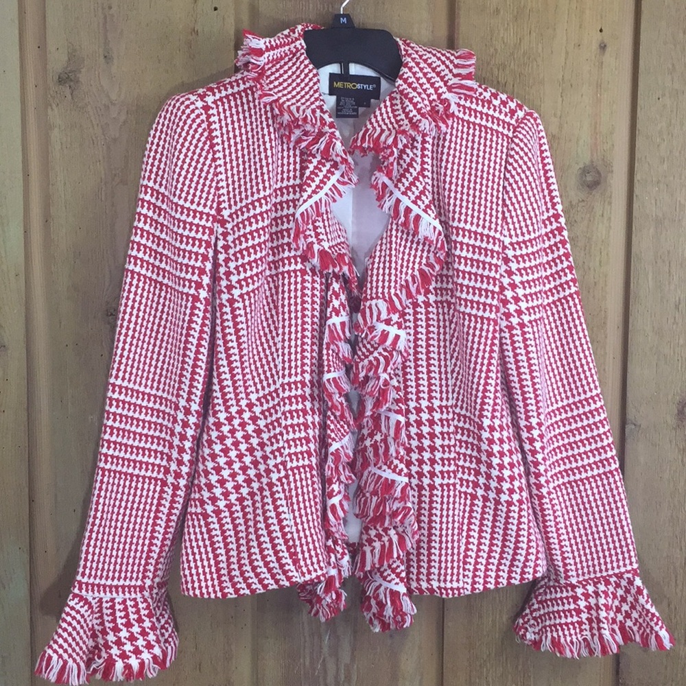 Size 4 houndstooth ruffled blazer tweed p1